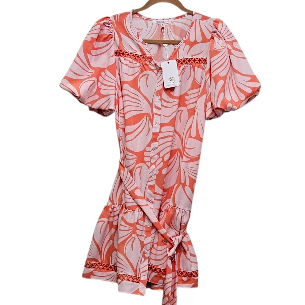 Mary Square Addison Dress Women M Coral Pink Floral Puff Sleeve Festival Cottage